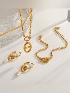 Gold Pig Nose Necklace Bracelet Earrings Set Stainless Steel Gold Plated